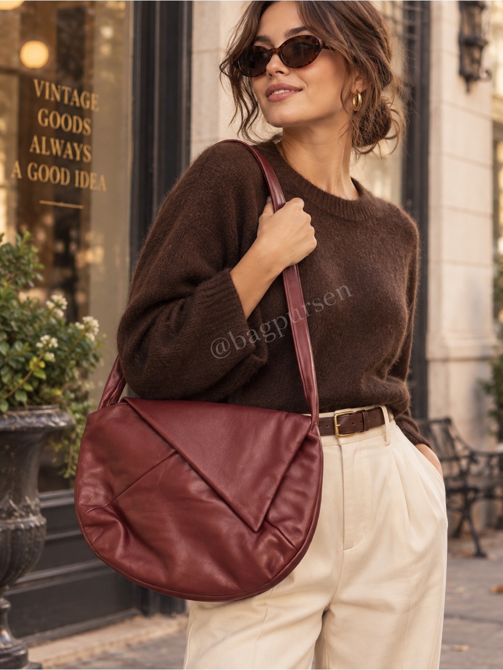 Wilson’s Vintage Burgundy Leather Asymmetric Flap Crossbody Bag Plush 70s 80s